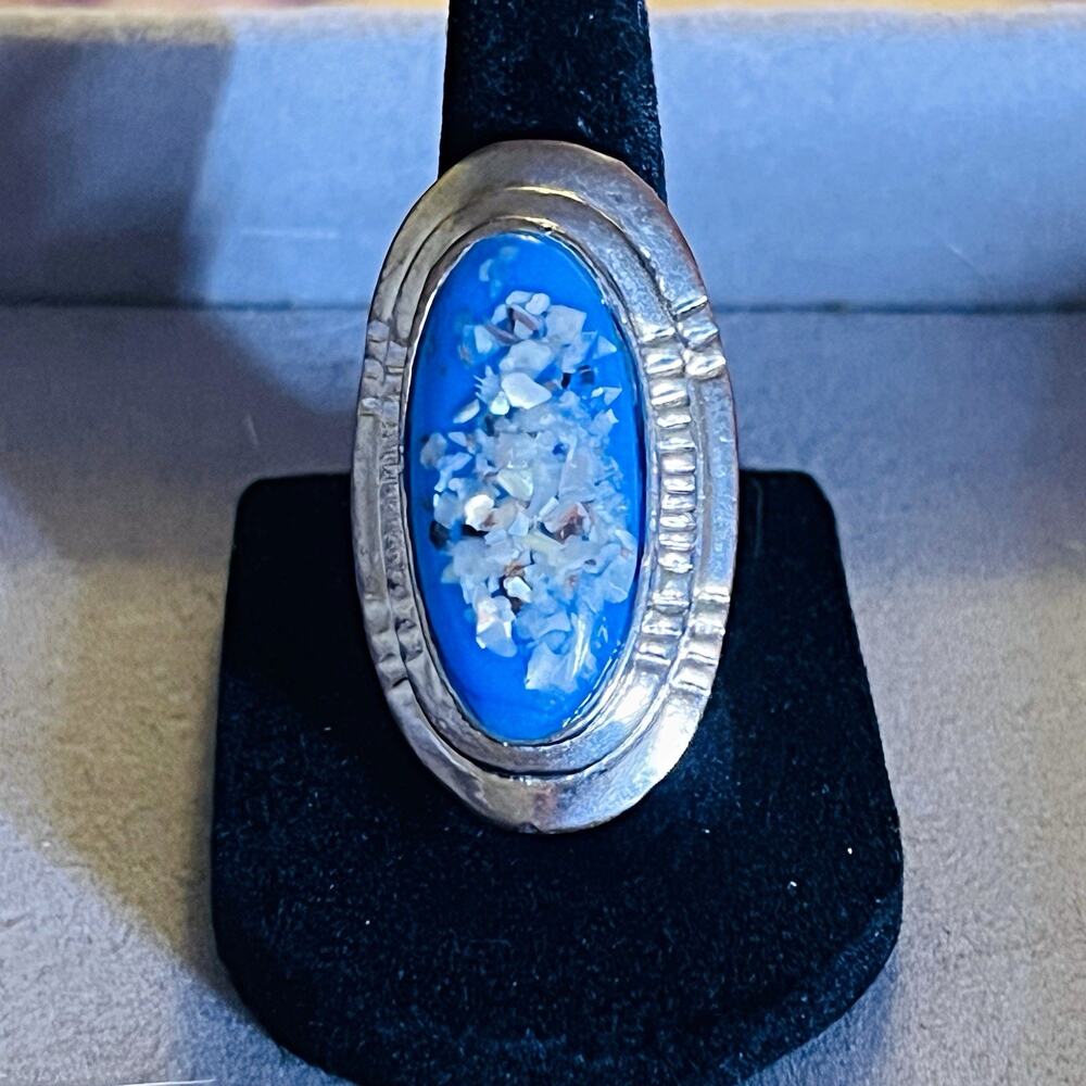 Vintage Oval Blue/White Stone Bezel Set Silver Ring Size 7, 8mm Band, Metalwork